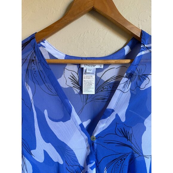 Chico's Size L/XL Blue White Floral Kimono Wrap Topper Semi Sheer Beachy Colorfu - Picture 3 of 9